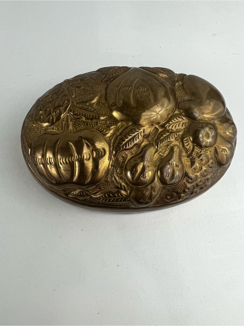 Vintage Brass Oval Trinket Box Repoussé Pumpkin Fall Harvest Design